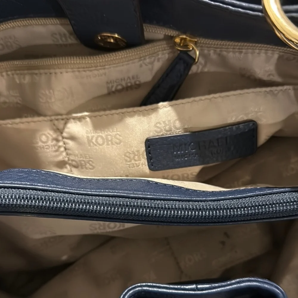 Michael Kors Navy Blue Shoulder Bag with Gold Accents
